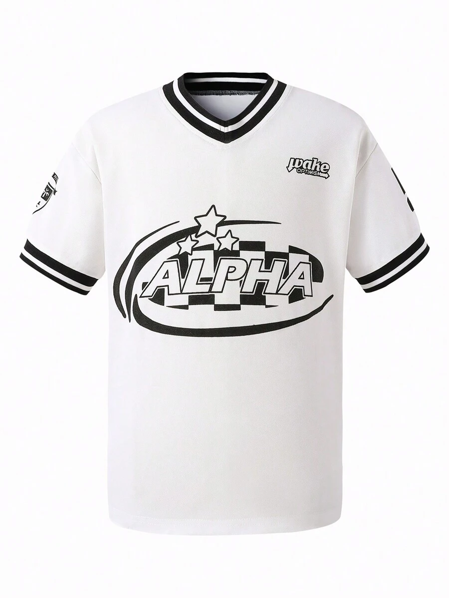 SHEIN Tween Boys Crew Neck Letter & Striped Print Short Sleeve T-Shirt - Black - View 1