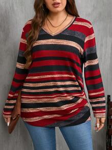 SHEIN Clasi 大码秋季女式杏色 V 领纹理小格子面料休闲长袖教师 T 恤秋季 - 酒紅色 - 查看 3