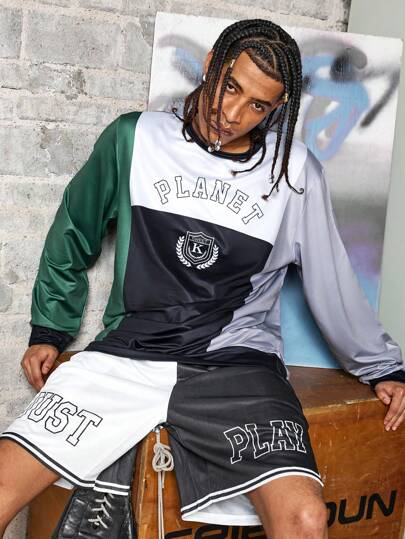 Manfinity Sport Corelite Camisa de estilo novio de manga larga con cuello redondo y estampado de colores en contraste para la escuela