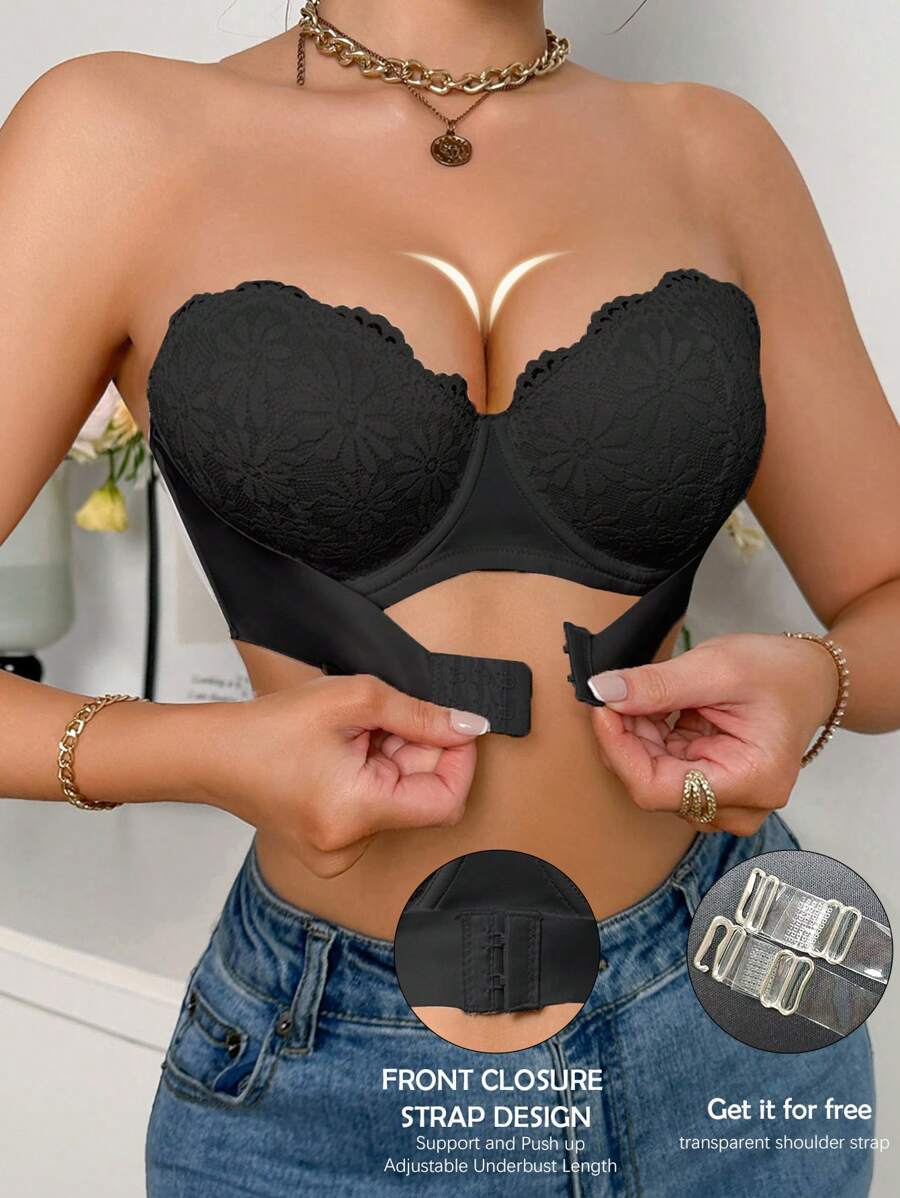 SHEIN Women Lace Trim Backless Seductive Romantic Brassiere - Black - View 1