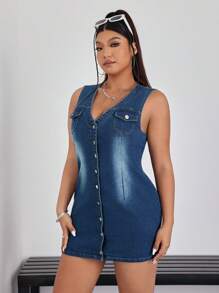 SHEIN EZwear Plus Size Sexy Denim Dress - Blue - View 6