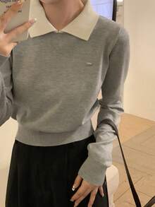 Korean Style Polo Collar Autumn/Winter New Short Cropped Top, Lightweight Sweater, Color Block, Long Sleeve Women Knit Pullover Casual Fall - Grey - View 6