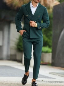 Manfinity Mode Men's Double-Breasted Suit Coat And Pants Set - Dark Green - View 1