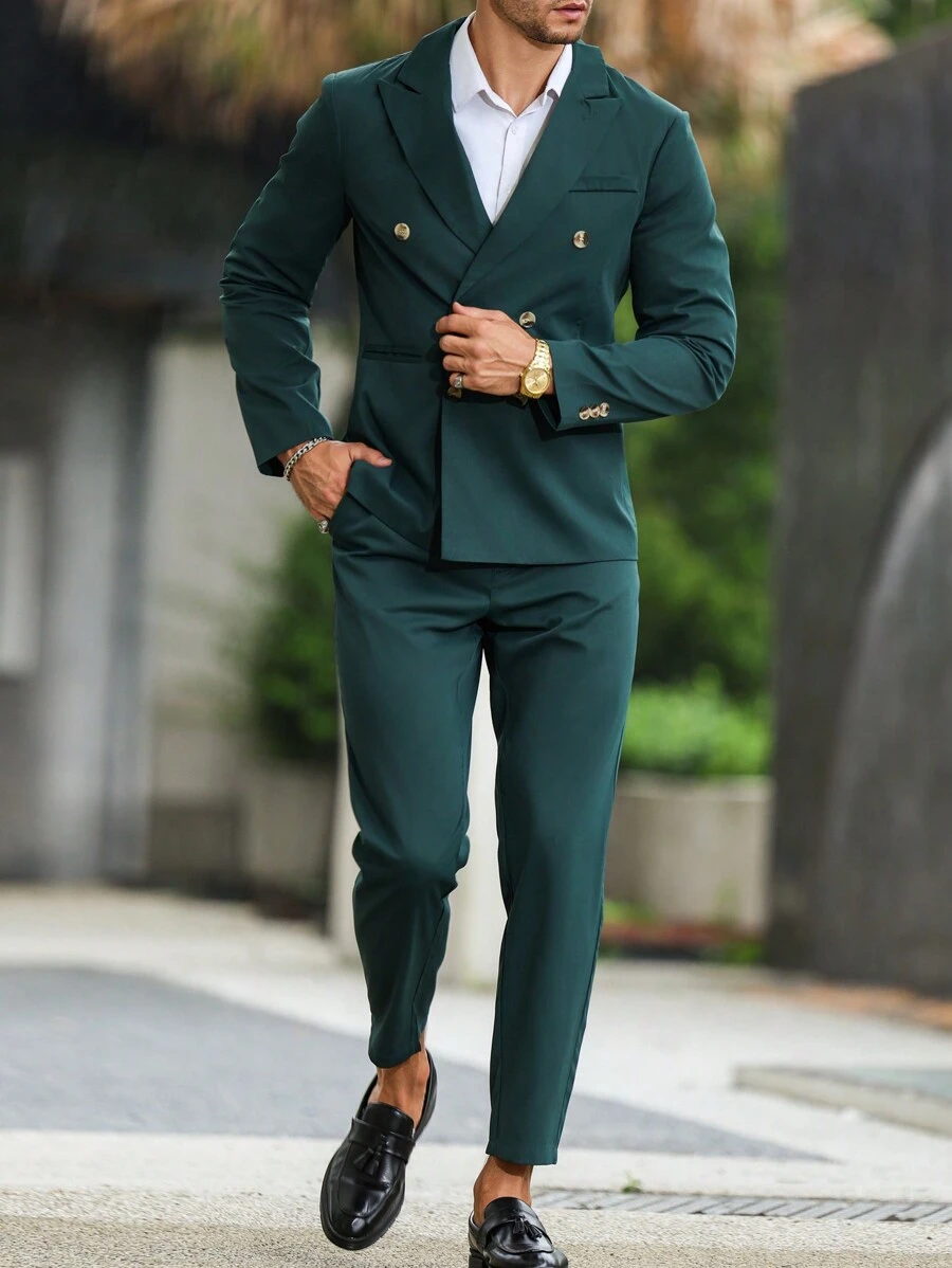 Manfinity Mode Men's Double-Breasted Suit Coat And Pants Set - Dark Green - View 1