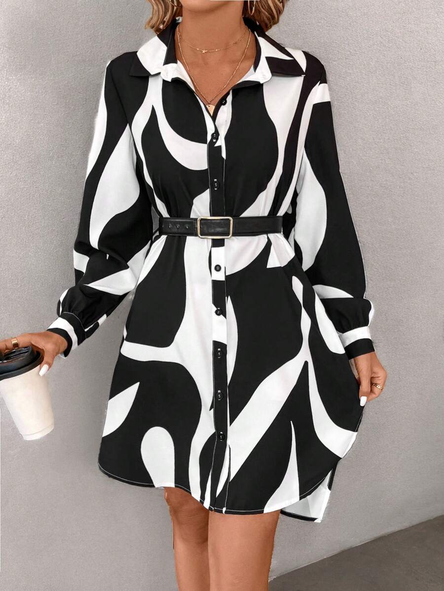 Chiquease 女款長袖高低下擺襯衫裙 - 黑與白 - 查看 1