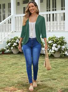 EMERY ROSE Women's Solid Minimalist Casual Lightweight Cardigan In Fall/Winter - Army Green - View 4