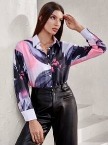 Aveloria 女士随机花卉印花长袖休闲纽扣衬衫