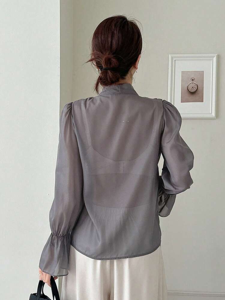 Women's Solid Color Tie Collar Bowknot Ruffle Trim Long Sleeve Blouse,Long Sleeve Tops,Fall Clothes
