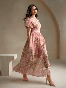 Anewsta 法式优雅花卉提花印花 V 领泡泡袖女式连衣裙，黄色长款女装