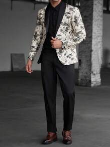 Manfinity Bizformal Bộ đồ dài tay in họa tiết batik cho nam, áo blazer có cổ và quần, trang phục dự tiệc thời trang thường ngày - trắng - Xem 3