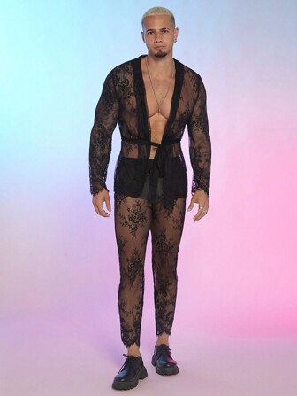 FeverCity Män Spets Semi-Transparent långärmad byxdress