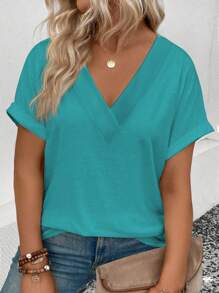 INAWLY Camiseta informal de verano con cuello en V y manga de puño, talla grande