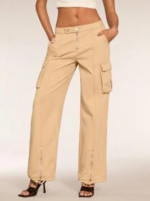 SHEIN BAE Jeans casuales rectos de moda de calle con diseño de bolsillo con botón para mujeres - Albaricoque - Ver 8