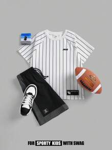 SHEIN Tween Boy Striped Printed Knit T-Shirt & Colorblock Drawstring Shorts 2pcs/Set