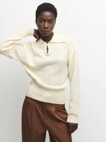 BizChic Beige Collar Hollow Out Drop Shoulder Loose Knit Sweater - Apricot - View 7