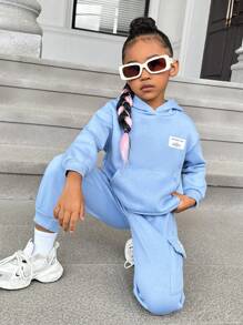 SHEIN 年輕女孩字母拼接袋鼠口袋下墜熱帽衫和汗褲 - 淺藍色 - 查看 6