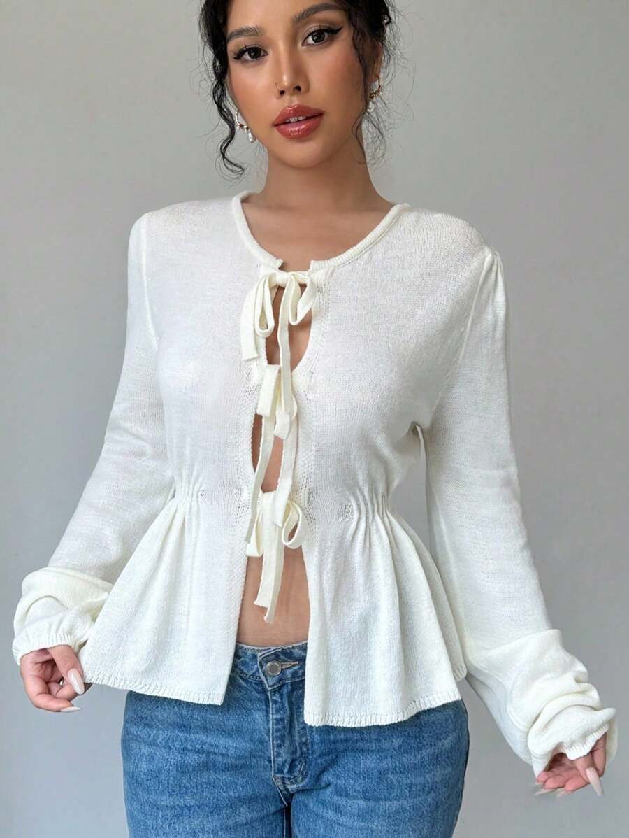 Chiquease Tie Front Ruffle Hem Cardigan Fall Cloth For Women - Beige - View 1