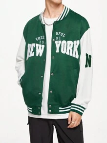 Manfinity Hypemode Men Letter Graphic Striped Trim Drop Shoulder Varsity Jacket - Green - View 1