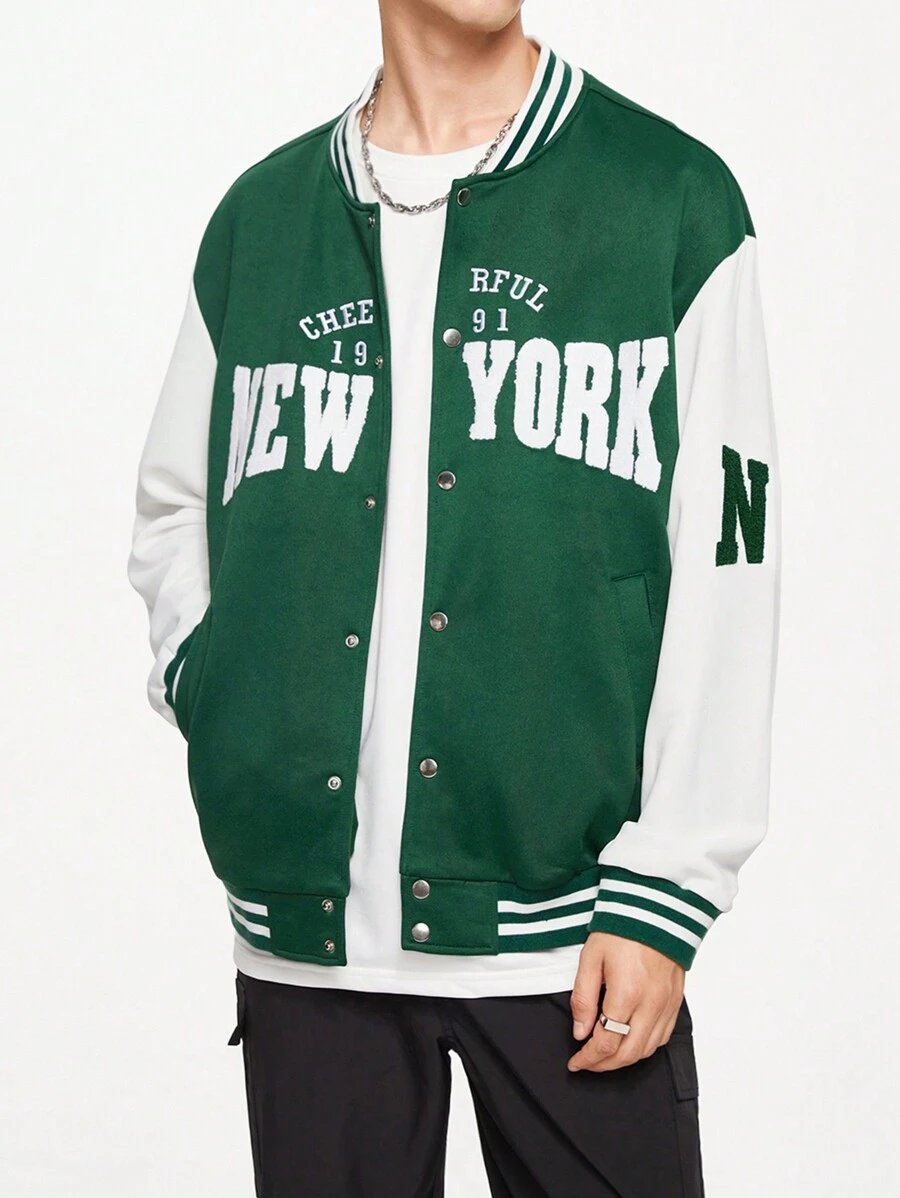 Manfinity Hypemode Men Letter Graphic Striped Trim Drop Shoulder Varsity Jacket - Green - View 1