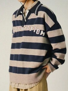 DAZY 男士撞色条纹字母印花长袖毛衣，秋季 - 彩色 - 查看 7