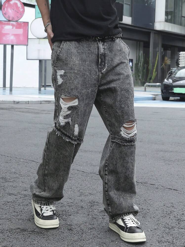 Manfinity LEGND Denim Denim Masculinos Desgastados Simples para Uso Diário - Cinza - Visão 3