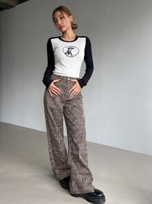DAZY Women's Letter Print Color Block Long Sleeve T-Shirt,Fall Clothes Graphic Tee - Grey - View 6