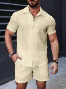 Manfinity Homme 2 piezas Conjunto de Top de manga corta con botones y pantalones cortos minimalistas de un solo color para hombre - Amarillo - Ver 6