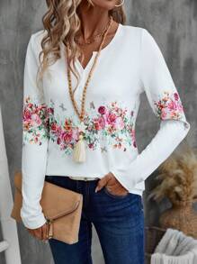 EMERY ROSE Women Floral Print Notch Neck Long Sleeve T-Shirt - White - View 1