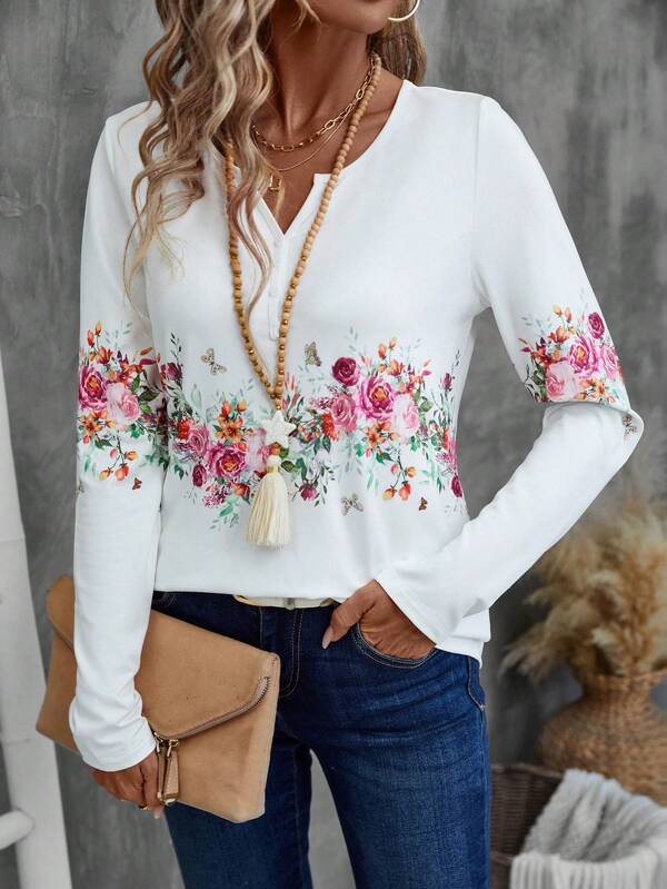 EMERY ROSE Tricou cu mânecă lungă pentru femei cu imprimeu floral