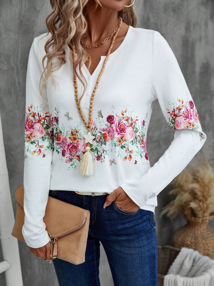 EMERY ROSE Women Floral Print Notch Neck Long Sleeve T-Shirt - White - View 1