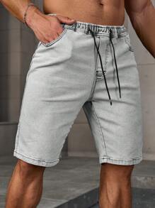 Manfinity Homme 男士抽绳口袋时尚日常休闲牛仔短裤 - 灰色 - 查看 3