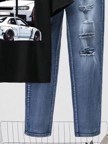 SHEIN Conjunto para adolescente de 2 piezas con estampado de coche informal, camiseta y pantalones vaqueros con agujeros desgastados, primavera/verano