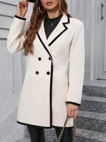 SHEIN Clasi Women Contrast Lapel Double-Breasted Pocket Versatile Coat Fall Women Jackets Winter Women Coat - Apricot - View 1