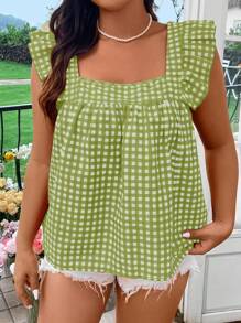 Sunnyshic Plus Size damska bluzka w kratę z kokardą i odkrytymi plecami, krótka, z krótkim rękawem, letnia
