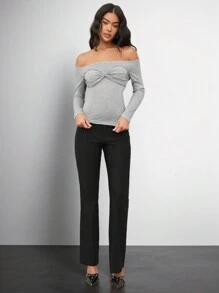 SHEIN BAE Gray Solid Color Women's Simple Daily Casual Outing, Back To School, Off Shoulder Off-Shoulder Long-Sleeved Tight T-Shirt,
Fitted T Shirt,Long Sleeves Woman,Work Women Tops