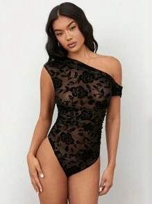 SHEIN BAE Damen Langarm Flocked Jacquard sexy transparentes asymmetrisches Schulter Bodysuit, elegante Feiertags-, Sommer-, Alltags- und Ausgehgarderobe, Herbst - Schwarz - Übersicht 5
