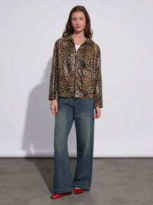 SHEIN EZwear Abrigo informal de PU con estampado de leopardo con hombros descubiertos y cierre de cremallera estilo años 90 - Multicolor - Ver 6
