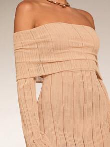 SHEIN BAE Women's Solid Color Off-Shoulder Long Sleeve Simple Sweater Dress, Casual Wear In Fall/Winter - Khaki - View 6