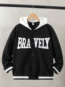 SHEIN Áo khoác thường ngày dài tay thêu chữ Slogan thời trang cho bé trai tuổi mới lớn 2 trong 1 - màu đen - Xem 1