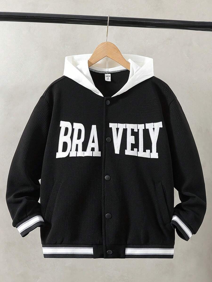 SHEIN Áo khoác thường ngày dài tay thêu chữ Slogan thời trang cho bé trai tuổi mới lớn 2 trong 1 - màu đen - Xem 1