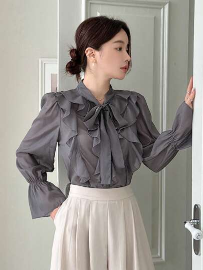 DAZY Women's Solid Color Tie Collar Bowknot Ruffle Trim Long Sleeve Blouse,Long Sleeve Tops,Fall Clothes