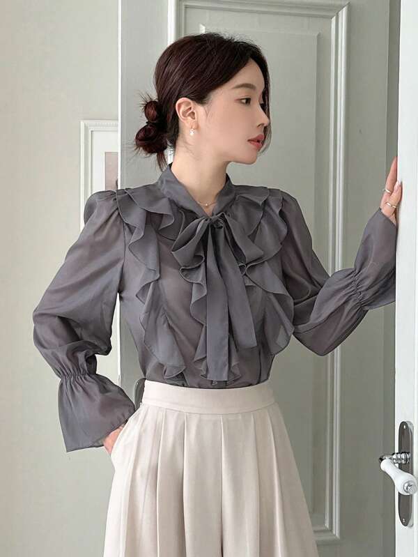 DAZY Women's Solid Color Tie Collar Bowknot Ruffle Trim Long Sleeve Blouse,Long Sleeve Tops,Fall Clothes