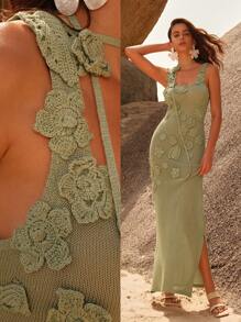 Anewsta Vintage Elegant Handmade Crochet 3D Flower Texture Knitted Bodycon Dress For Summer Beach Vacation - Green - View 1