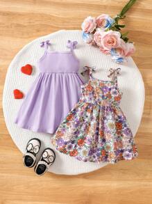 SHEIN Vintaside Kids 2 Packs Baby Girl Casual All-Match Versatile Cute Fun Floral Pattern Print Cami Dress Spring And Summer Suitable For Valentine's Day - Multicolor - View 2