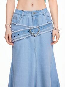 ROMWE Grunge Punk Falda vaquera larga ajustada con hebilla con forma de corazón en la cintura y cola de pez para mujeres - Celeste - Ver 2