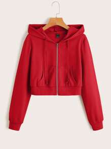 SHEIN EZwear Red Hooded Long Sleeve Zipper Sweatshirt With Pocket - Red - View 1