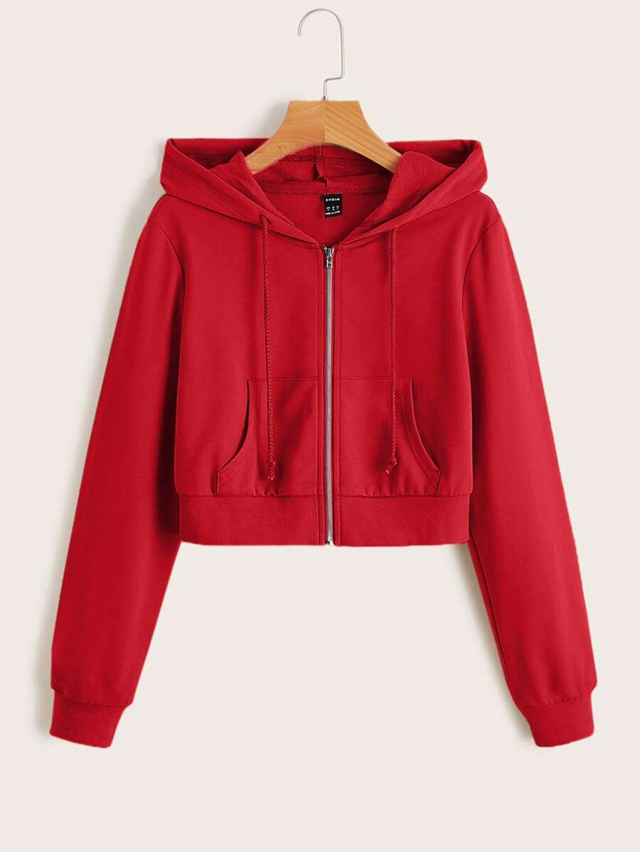 SHEIN EZwear Red Hooded Long Sleeve Zipper Sweatshirt With Pocket - Red - View 1