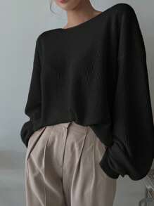 DAZY 女士纯色超大圆领毛衣、长袖上衣、秋季服装、返校服装 - 黑色 - 查看 5