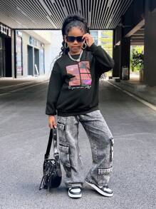 SHEIN Cô gái Tween 1 Miếng Slogan & bản in cây cọ Thả vai Áo nỉ - màu đen - Xem 8