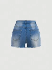 SHEIN Quần short denim rách nhiều túi cài nút phía trước cho bé gái tuổi teen - Rửa nhẹ - Xem 2
